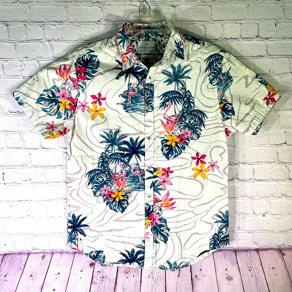 Denim & Flower Men's White Flowered Button Down Slim Fit Shirt. Sz: Medium